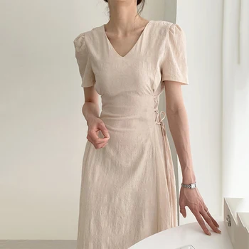 2021 Naujas Vasaros korėjos Prašmatnus Elegantiškas Suknelės prancūzų Modelis V-kaklo Aukštos Juosmens Pusėje Dirželis Vidutinio Ilgio, Trumpas Rankovėmis Vilnos Suknelė