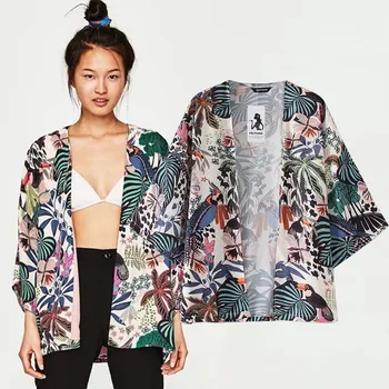 Camisa Naujas Moterų Šifono Paplūdimio Kimono Megztinis Paukščių Lapų Spausdinimo Atidaryti Priekiniai Atostogų Prarasti Plona Palaidinė Paplūdimio Padengti Iki 2021