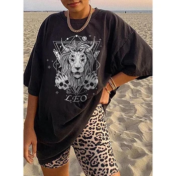 Harajuku Leo Grafinis Marškinėliai Negabaritinių Femme 2021 M. Vasarą Juoda Vintage Laiškas Spausdinti Marškinėliai Moterims Atsitiktinis Palaidų Viršūnes Tshirts