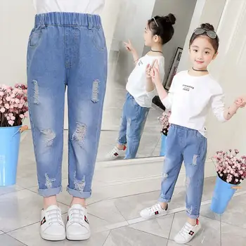 Kūdikių berniukų, mergaičių džinsai 3-15T vaikai pavasarį visas ilgis džinsinio audinio kelnės elastingos juosmens mados mergaičių kelnės paauglių otwers aktyvus