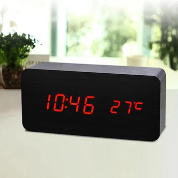 LED Laikrodis-Žadintuvas Medinis Skaitmeninis Temperatūros Elektroninių Garsų Kontrolės Darbalaukio Lentelė Namų QJ888
