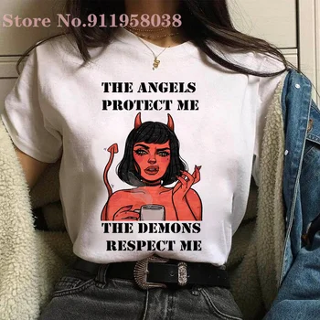 Mados angelai apsaugoti mane Ir demonai mane gerbti Atspausdinta marškinėliai Gotikos Harajuku retro atsitiktinis viršų Marškinėlius moteris/vyras Marškinėliai