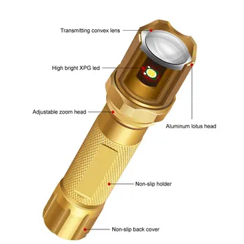 Mažas LED Zoom Žibintuvėlis Ypač Ryškus Ilgo Nuotolio Vandeniui Mini Gold Žibintų Lauko Nešiojamas Žibintuvėlis Built-in 18650 Baterija