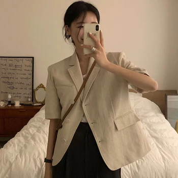 Moterims Švarkai 2021 M. Vasarą Korėjos Elegantiškos Ponios Temperamentas Paprastas Kostiumas Apykaklės Tris Mygtuką Atsitiktinis Trumpas Rankovėmis Striukė