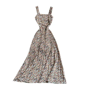 Saldus Gėlių Maxi Vestidos Moterų Vasaros Suknelė 2021 Naujas Kvadratinių Kaklo Plisuotos Šifono Atostogų Stiliaus Diržas Suknelė GL132