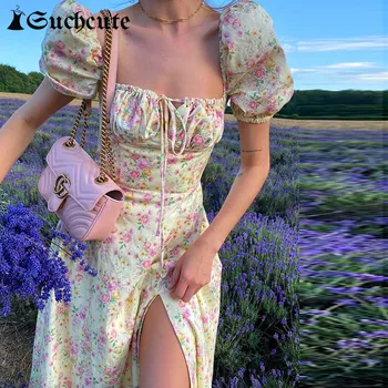 SUCHCUTE Derliaus Gėlių Spausdinti Midi Suknelė Moterims Sluoksniuotos Rankovėmis Elegantiškas Ponios Suknelės 2021 M. Vasaros Paplūdimio Atsitiktinis Atostogų Dėvėti